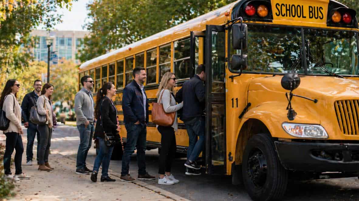 Group boarding a Guardian Bus Lines charter bus